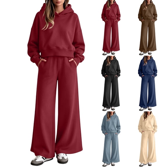 XUNKUSGA 2 Piece Sets for Women Vintage Solid Color Hooded Sweatshirt High Waist Wide Leg Pants Women's Tracksuit Set Casual Matching Sets Fall Outfits Black XL