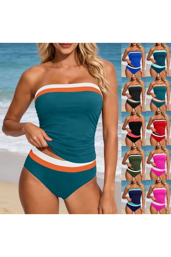 2 Piece Swimsuit for Women Color Block Strapless Bandeau Top and Bikini Bottoms Bathing Suit for Women Full Coverage Modest Swim Suits,Black,XL