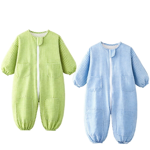 XUNKUSGA 2PC Baby Boys Girls Rompers Classic Plaid Mesh Lined Zip Up One Piece Jumpsuit Lightweight Loose Crewneck Long Sleeve Coveralls for Kids,1-2Years