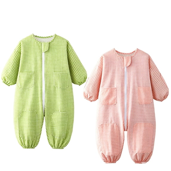 XUNKUSGA 2PC Baby Boys Girls Rompers Classic Plaid Mesh Lined Zip Up One Piece Jumpsuit Lightweight Loose Crewneck Long Sleeve Coveralls for Kids,3-4Years