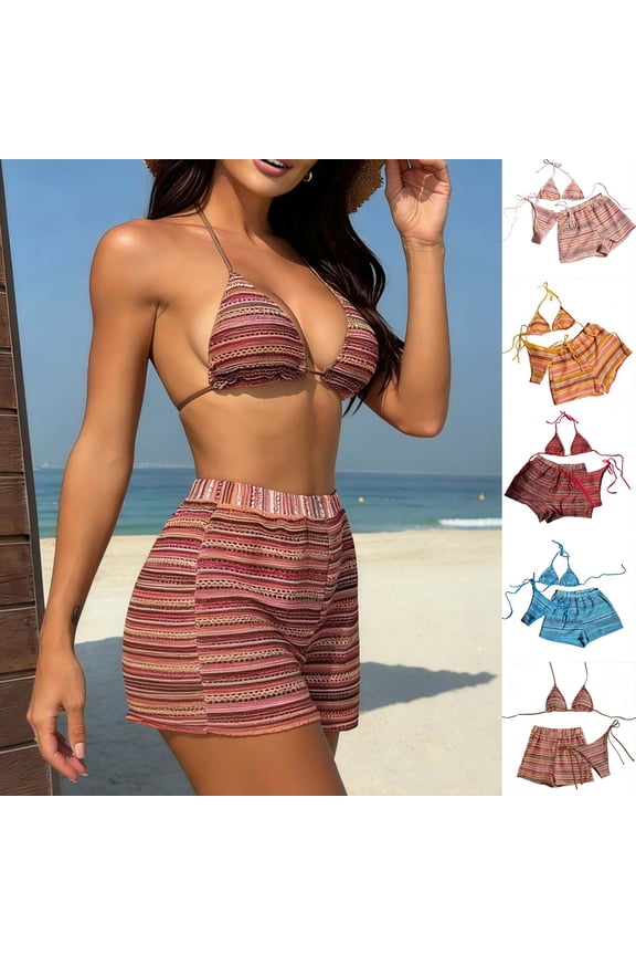3 Piece Womens Swimsuits Fashion Summer Boho Bikini Set Classic Retro Textured Hollow Out Halter Triangle Bathing Suit with Cover Up Shorts