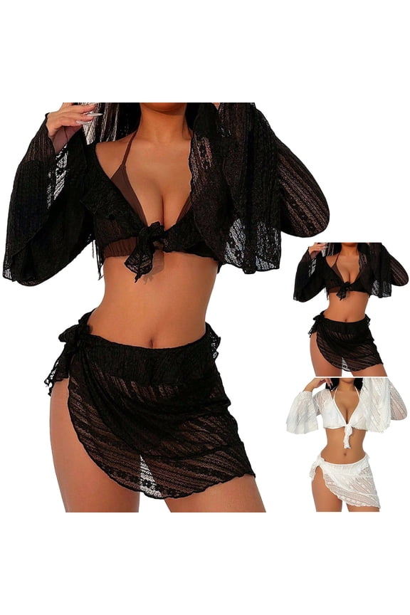 4PC Bikini Sets Fashion Cheeky Halter Triangle Womens Bathing Suits Sheer Knot Bathing Suit Cover Up Lightweight Soft Friendly Skin Women's Bikini Sets,White,S