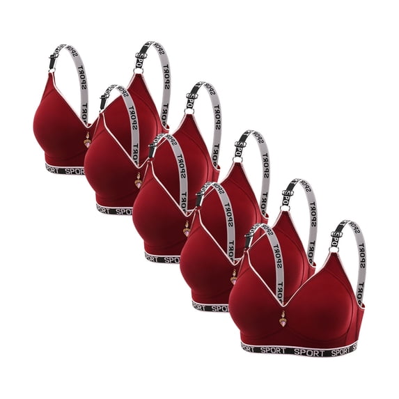 XUNKUSGA 5PC Bras for Women Fashion No Underwire Adjustable Letter Print Strap Bralettes for Women High Supportive Tshirt Bra Comfortable Push Up Bralettes Soft Full Coverage Everyday Bras M-2XL Red