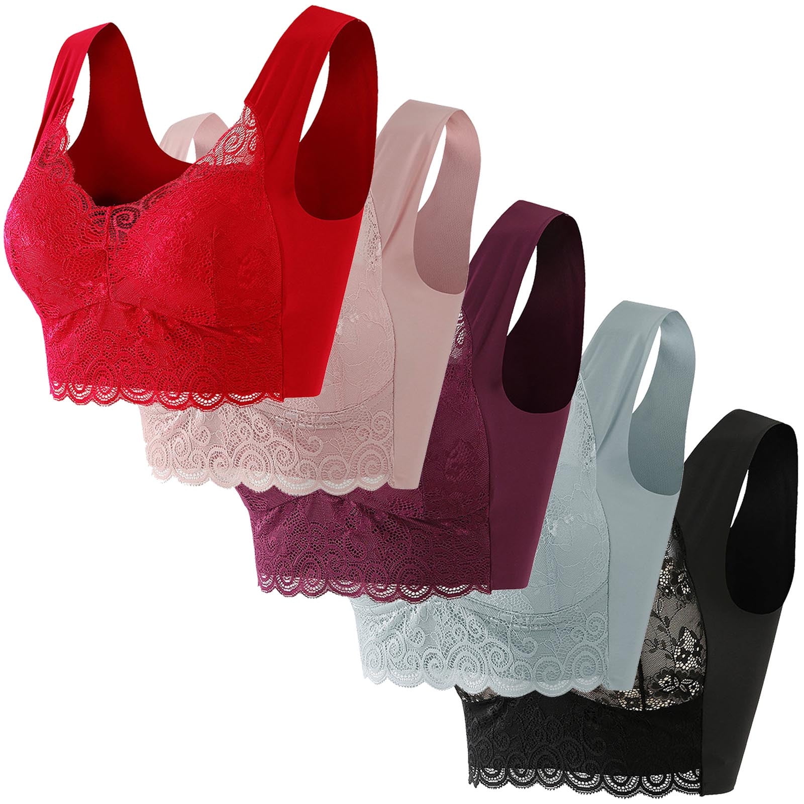 XUNKUSGA 5PC Bras for Women Seamless Wireless Lace Bralettes Comfort ...