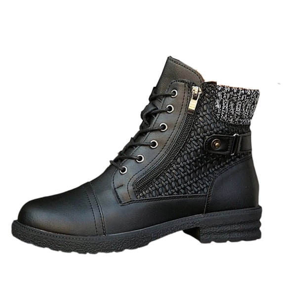 XUNKUSGA Ankle Boots for Women Classic Lace Up Side Zipper Low Heel Short Boots Comfortable Round Toe Quilted Panels Waterproof Motorcycle Boots for Fall Winter Black 8.5