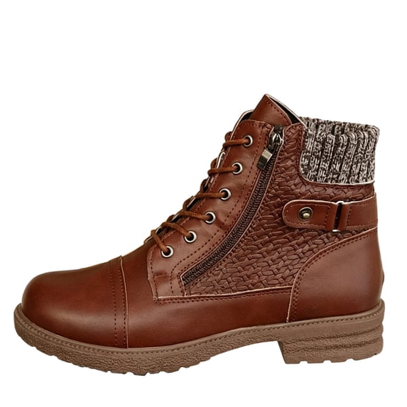 XUNKUSGA Ankle Boots for Women Classic Lace Up Side Zipper Low Heel Short Boots Comfortable Round Toe Quilted Panels Waterproof Motorcycle Boots for Fall Winter Brown 5.5