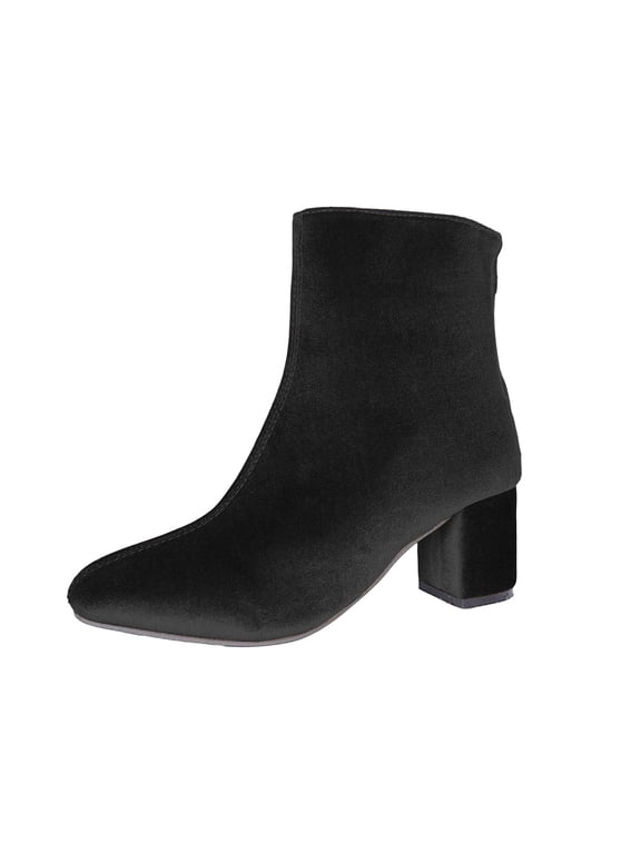 Ankle Boots for Women Soft Velvet Pointed Toe Block High Heel Womens Boots with Back Zipper Classic Solid Color Short Boots for Fall Winter Party Daily Wear Black 7.5