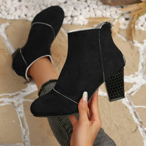 XUNKUSGA Ankle Boots for Women Suede Short Boots Women Comfortable Mid Heel Booties for Women Solid Color Round Toe Women's Boots with Back Zipper 36-43 Black