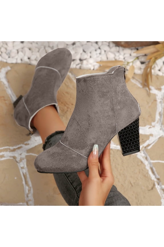 Ankle Boots for Women Suede Short Boots Women Comfortable Mid Heel Booties for Women Solid Color Round Toe Women's Boots with Back Zipper 36-43 Gray