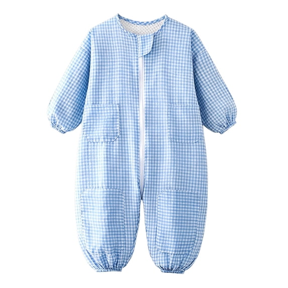 XUNKUSGA Baby Boys Girls Rompers Classic Plaid Mesh Lined Zip Up One Piece Jumpsuit Lightweight Loose Crewneck Long Sleeve Coveralls for Kids,2-3Years