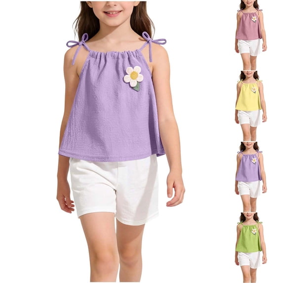XUNKUSGA Baby Girl Clothes 0-8Y Cute 3D Floral Sleeveless Halter Ruffle Camisole Top and Soild Color Shorts Outfits Set Loose Summer Two Piece Outfit,Purple