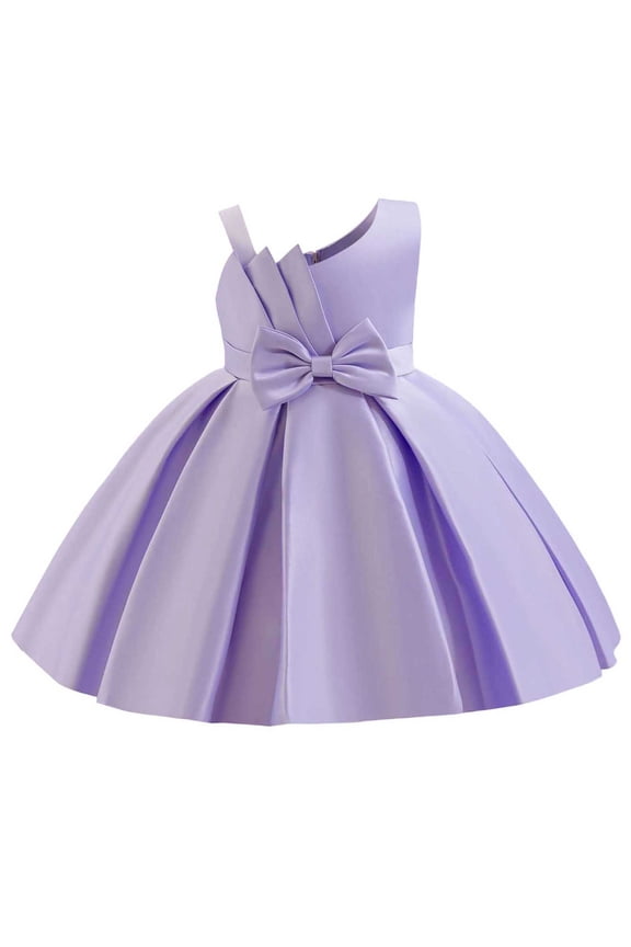 Baby Girl Dress 1-4 Years Satin Ruffle Pageant Dress Cute Bowknot Princess Dress Knee Length Ball Gown Dresses for Girls Solid Color One-Shoulder Sleeve Kids Dresses