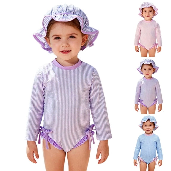 XUNKUSGA Baby Girl Swimsuit 0-3Y Classic Long Sleeve One Piece Rash Guard Swimsuit with Hat Set Cute Romper Infant Bathing Suit Baby Girl Beach Rash Guard,Pink