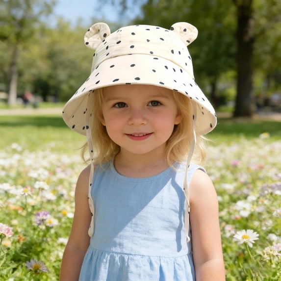 XUNKUSGA Baby Sun Hat Cute Print Wide Brim UPF 50+ Sun Protection Hat Outdoor Breathable Toddler Hat with Bear Ears Adjustable Cotton Yarn Bucket Hats,Beige,2 Years