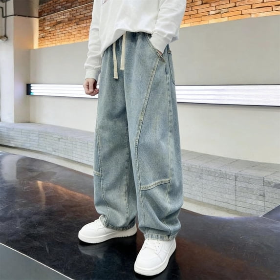 XUNKUSGA Baggy Jeans 6-16Y Comfortable Elastic Waist Denim Pants Vintage Straight Wide Leg Jeans for Tween Fashion Hip Hop Skater Jeans with Pockets,Blue