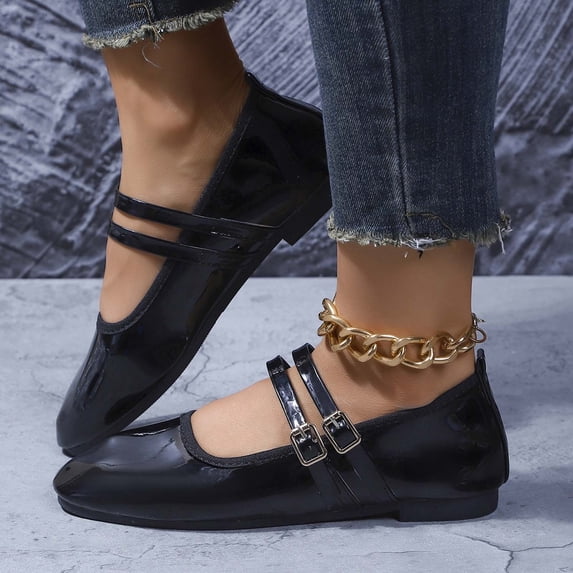 XUNKUSGA Ballet Flats Shoes for Women Trendy Square Toe Double Ankle Strap Womens Dress Shoes Comfortable Casual Slip On Shoes Women for Wedding,Black,9