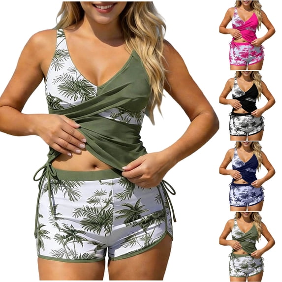 XUNKUSGA Bathing Suit for Women Fashion Floral Criss Cross Slim Adjustable Drawstring Top Tankini Swimsuits for Women Tummy Control with Boyshort,Blue,L