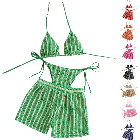 XUNKUSGA Bikini Sets for Women Classic 3 Piece Womens Bathing Suits Fashion Striped Brazilian High Cut Bikini Sets with Textured Cover Up Shorts,Black,M