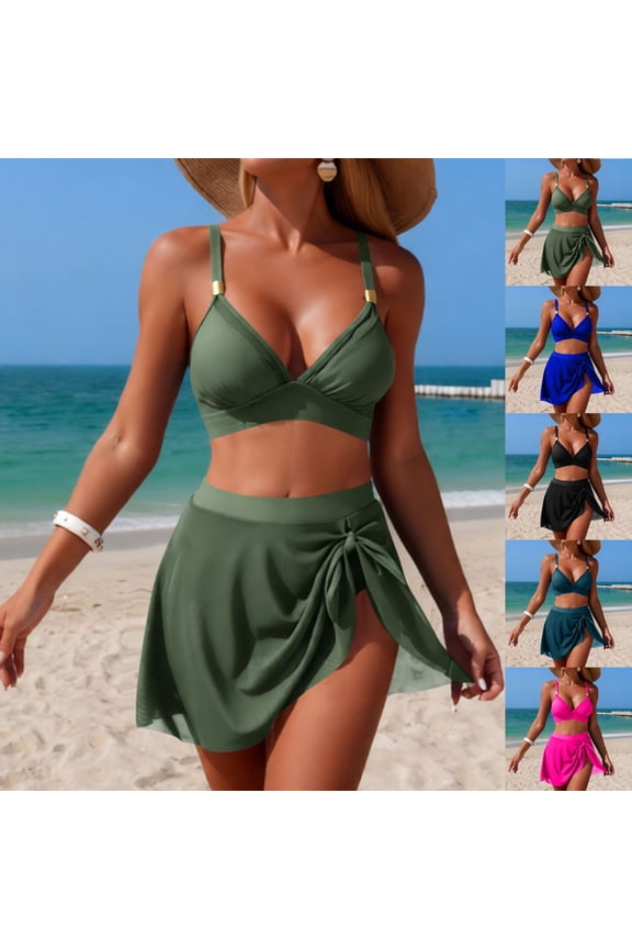 Bikini Sets for Women Flattering V Neck Metallic Straps High Waisted Bikini Classic Soild Color Two Piece Swimsuit with Knot Swim Skirt S-2XL