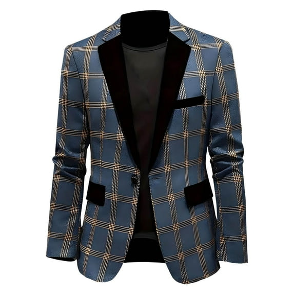 XUNKUSGA Blazer for Men Fashion Checkered Men's Tuxedos Jacket Lightweight Slim Fit Mens Blazer Casual Color-Blocked Lapel One Button Mens Suit Formal Black Blazer M-2XL Blue