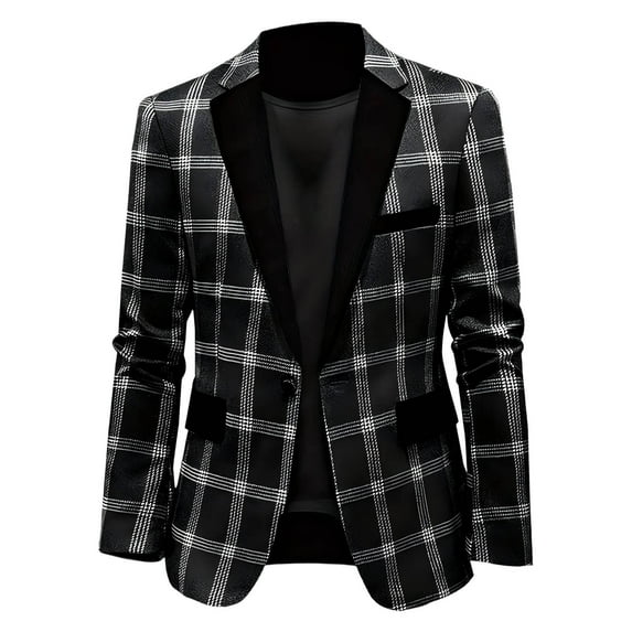 XUNKUSGA Blazer for Men Fashion Checkered Men's Tuxedos Jacket Lightweight Slim Fit Mens Blazer Casual Color-Blocked Lapel One Button Mens Suit Formal Black Blazer M-2XL Black