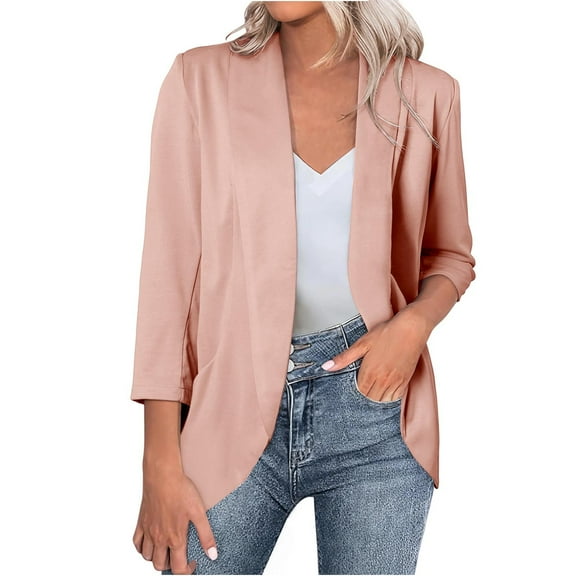 XUNKUSGA Blazers for Women Business Casual Plus Size Blazer 3/4 Sleeve Shawl Lapel Blazer Jackets Fashion Solid Color Open Front Women Blazer S-2XL Pink