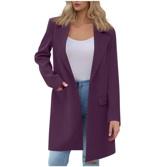 XUNKUSGA Blazers for Women Long Sleeve Lapel Fall Mid-Length Blazer Jackets Fashion One Buttoned Women Blazer Winter Loose Fit Work Casual Blazers Outerwear S-2XL Purple