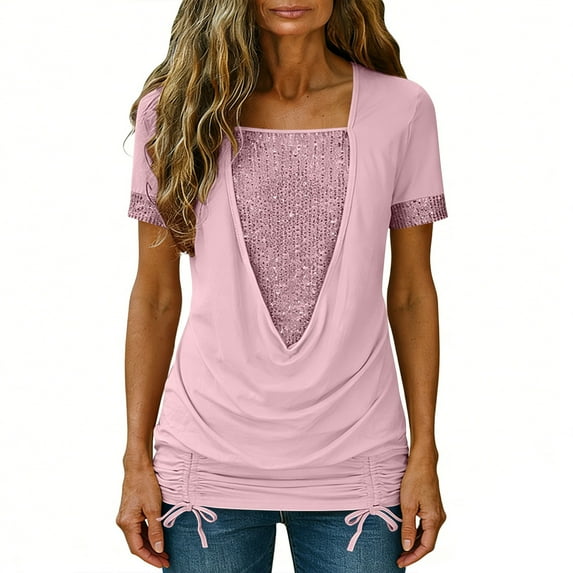 XUNKUSGA Blouses for Women Summer Fashion Sequin Cowl Neck Short Sleeve Tops For Women Loose Soild Color Ruffled Layered Ladies Tops and Blouses S-5XL,Pink