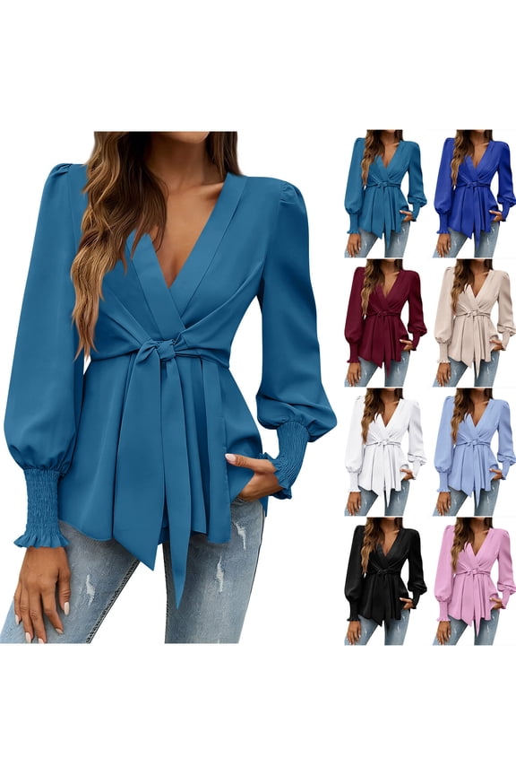 Blouses for Women Trendy Wrap V Neck Tie Front Womens Tops Fashion Ruffle Balloon Long Sleeve Going Out Top Classic Soild Color Shirts for Women S-2XL Blue
