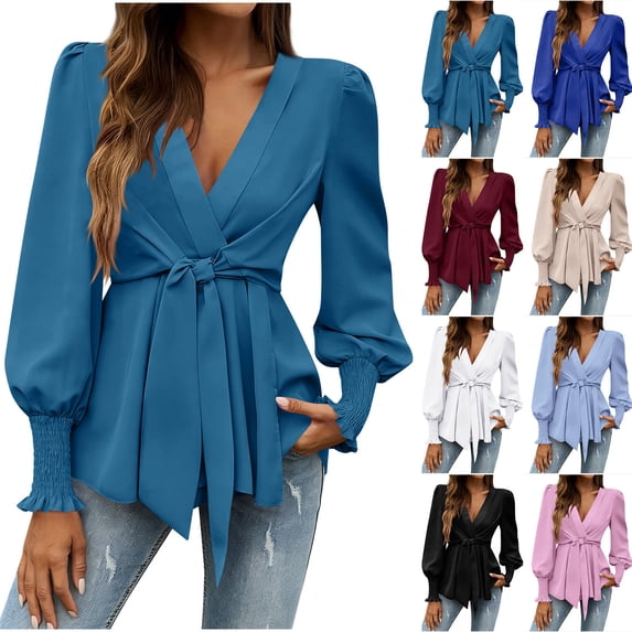 XUNKUSGA Blouses for Women Trendy Wrap V Neck Tie Front Womens Tops Fashion Ruffle Balloon Long Sleeve Going Out Top Classic Soild Color Shirts for Women S-2XL Red