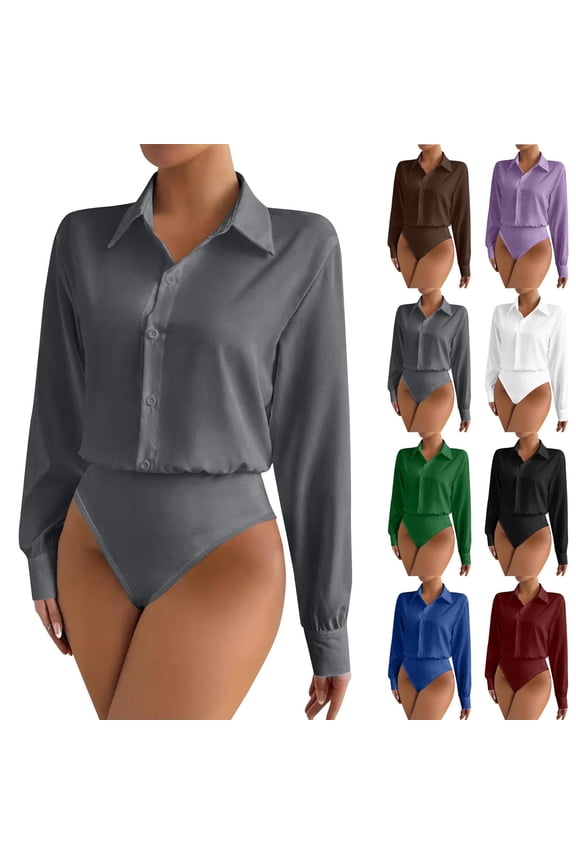 Bodysuits for Women Fashion Solid Color Collared Office Blouses for Women Dressy Casual Classic Button Down Long Sleeve Shirts for Women S-2XL Black