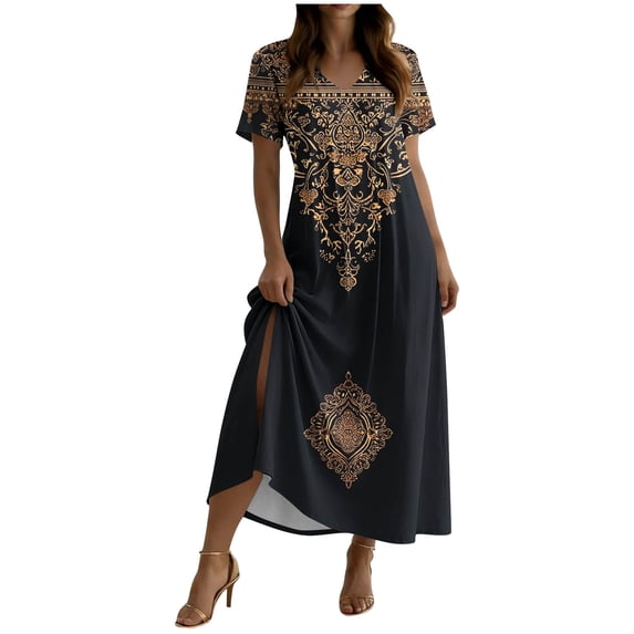 XUNKUSGA Boho Dresses for Women Fashion Floral Print Maxi Dress Casual Cotton V Neck Short Sleeve Split Sun Dresses Women with Pockets for Beach,Black,S