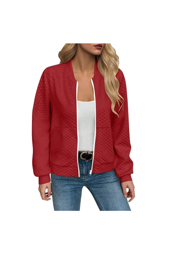 Bomber Jacket Women Waffle Knit Solid Color Zip Up Sweatshirt Women lightweight Long Sleeve Women's Jackets with Pocket Womens Fall Fashion 2025 S-2XL Red