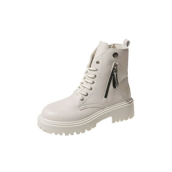 XUNKUSGA Booties for Women Fashion Winter Short Martin Boots Solid Color Round Toe Lace Up Boots for Women Block Low Heel Ankle Boots with Side Zipper White