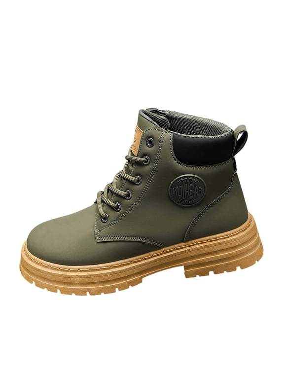 Boots for Men PU Leather Lace-Up Mens Work Boots Comfortable Wide Toe High Top Waterproof Biker Boots Fall Winter Outdoor Ankle Boots Army Green 7