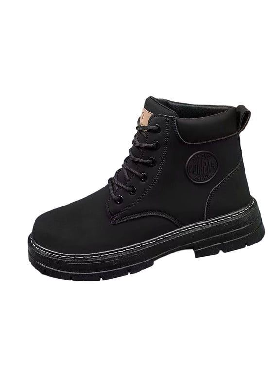 Boots for Men PU Leather Lace-Up Mens Work Boots Comfortable Wide Toe High Top Waterproof Biker Boots Fall Winter Outdoor Ankle Boots Black 10