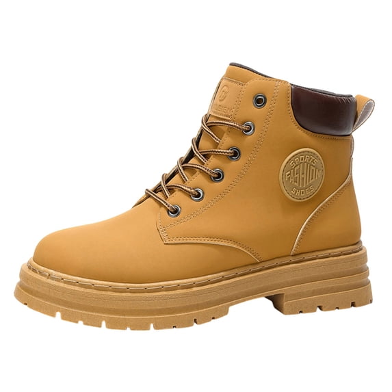 XUNKUSGA Boots for Men PU Leather Lace-Up Mens Work Boots Comfortable Wide Toe High Top Waterproof Biker Boots Fall Winter Outdoor Ankle Boots Yellow 11