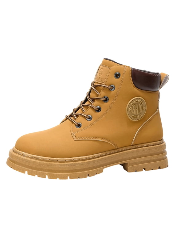 Boots for Men PU Leather Lace-Up Mens Work Boots Comfortable Wide Toe High Top Waterproof Biker Boots Fall Winter Outdoor Ankle Boots Yellow 9