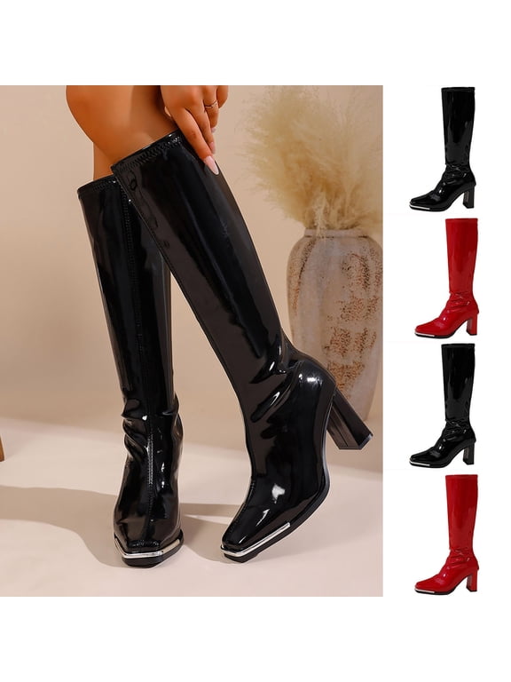 Boots for Women Wide Calf Thigh High Latex Stretch Zipper Knee High Boots Fashion Square Toe 60S 70S Disco Womens Boots for Party Dance Red 5.5
