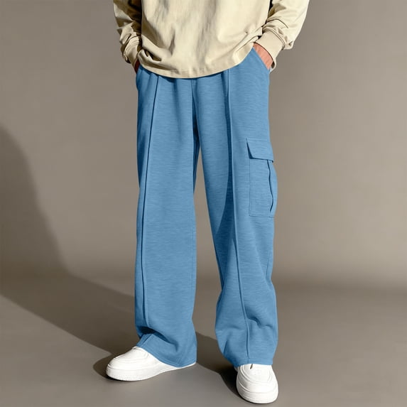 XUNKUSGA Boy Sweatpants 5-15Y Solid Color Elastic Waist Boys Athletic Pants Loose Straight Leg Open Bottom Cargo Pants Lightweight Adjustable Drawstring Sweat Pants with Pockets Blue