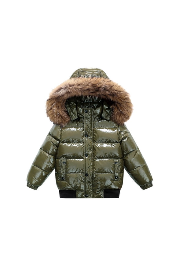 Boys Girls Fuzzy Hooded Puffer Jacket 2-14 Years Warm Winter Coat Snap Buttons Zipper Ski Jacket Windproof Thickened Down Jackets with Pockets Green