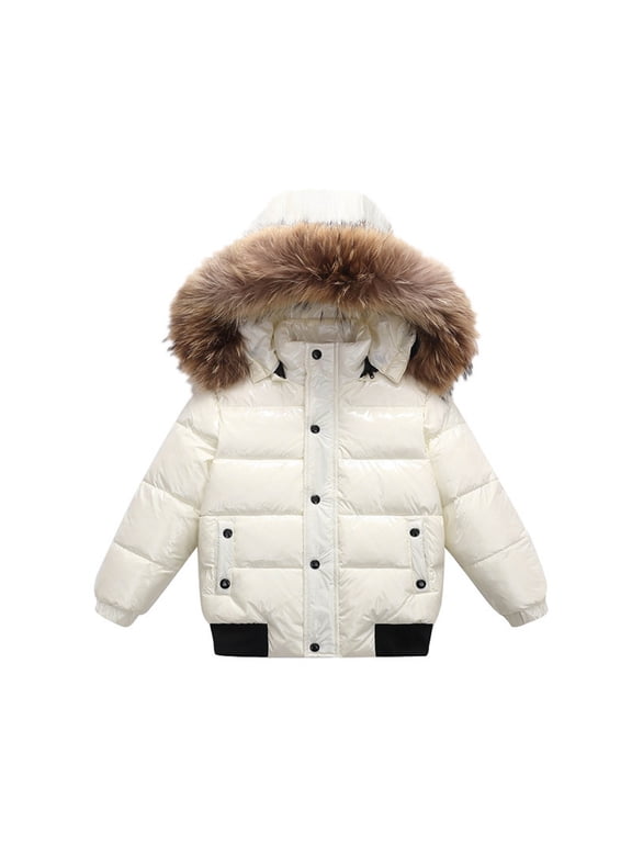 Boys Girls Fuzzy Hooded Puffer Jacket 2-14 Years Warm Winter Coat Snap Buttons Zipper Ski Jacket Windproof Thickened Down Jackets with Pockets White