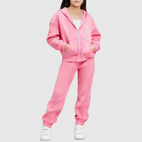 XUNKUSGA Boys Girls Sweatsuit Set 2 Piece 5-13Y Soft Zip Up Long Sleeve Hooded Sweatshirt and Jogger Sweatpants for Girls Lightweight Solid Color Casual Athletic 2 Piece Set Pink