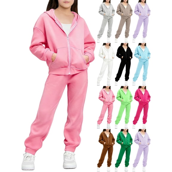XUNKUSGA Girls Fleece 2 Piece Outfits 5-13Y Soft Zip Up Long Sleeve Hooded Sweatshirt and Jogger Sweatpants for Girls Casual Fall Winter Tracksuit Athletic Sweatsuits Sets