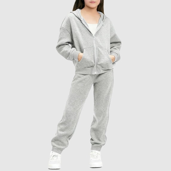 XUNKUSGA Boys Girls Sweatsuit Set 2 Piece 5-13Y Soft Zip Up Long Sleeve Hooded Sweatshirt and Jogger Sweatpants for Girls Lightweight Solid Color Casual Athletic 2 Piece Set Gray