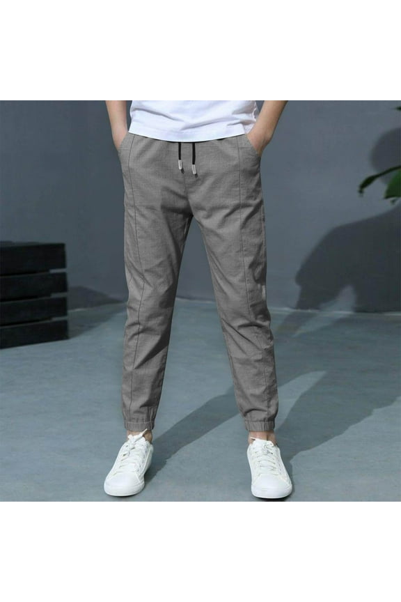 Boys' Pants 4-12 Years Solid Color Full Length Boys' Sweatpants Casual Linen Cotton Boys Joggers Fashion Stretch Slim Fit Boys Athletic Pants with Pockets and Drawstring