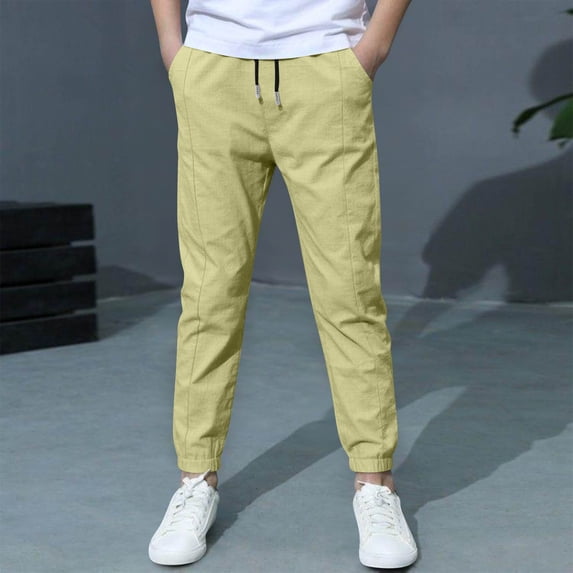 XUNKUSGA Boys' Pants 4-12 Years Solid Color Full Length Boys' Sweatpants Casual Linen Cotton Boys Joggers Fashion Stretch Slim Fit Boys Athletic Pants with Pockets and Drawstring