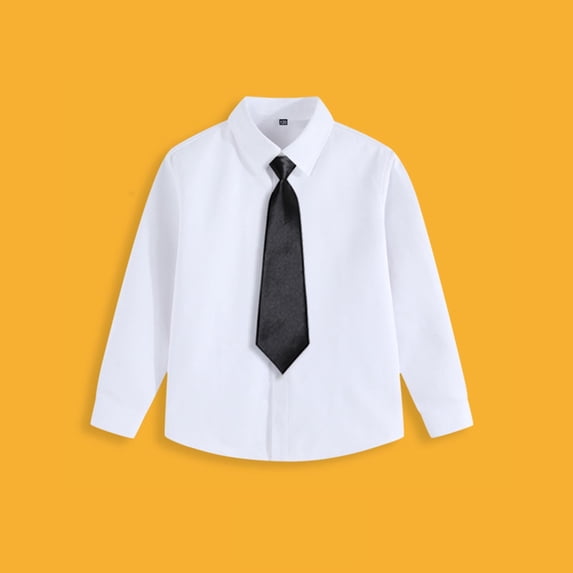 XUNKUSGA Boys Uniform Shirts 3-15Y Classic Long Sleeve Button-Down Uniform Shirts for Girls Casual Collar Solid-color Shirt with Tie Breathable Skin-Friendly Formal Tops for Kids