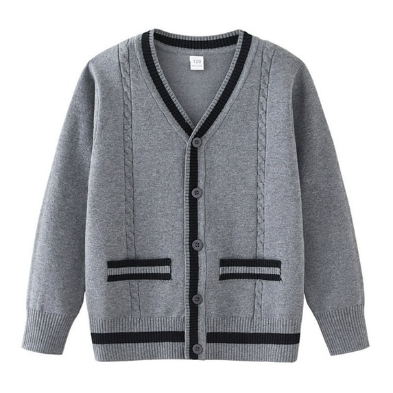 XUNKUSGA Boys Uniform Sweater 3-13 Years Fashion Color Blocked Boys Pullover Sweater V Neck Button Down Boys Cardigan Sweater Loose Long Sleeve Boys Cardigan with Pocket Gray