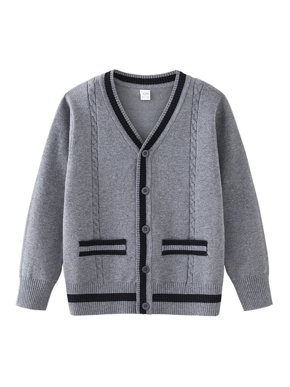 Boys Uniform Sweater 3-13 Years Fashion Color Blocked Boys Pullover Sweater V Neck Button Down Boys Cardigan Sweater Loose Long Sleeve Boys Cardigan with Pocket Gray